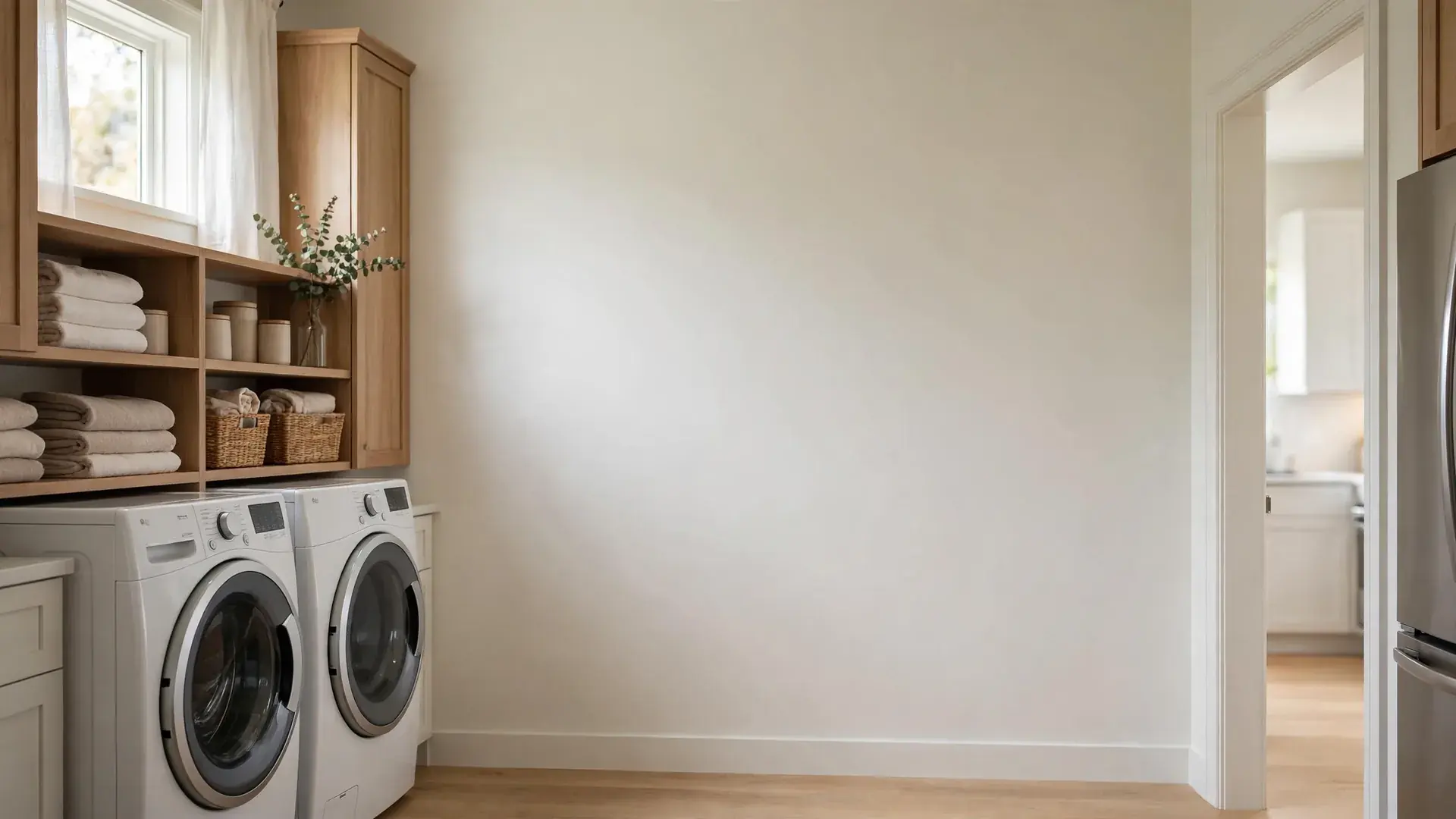Washer and dryer side by side in a clean laundry room with a window and open floor space